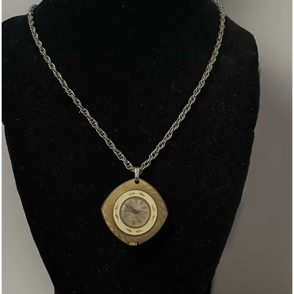 VTG Brichot Pendant Watch Necklace Gold Tone Enamel Art Swiss Wind Up Works